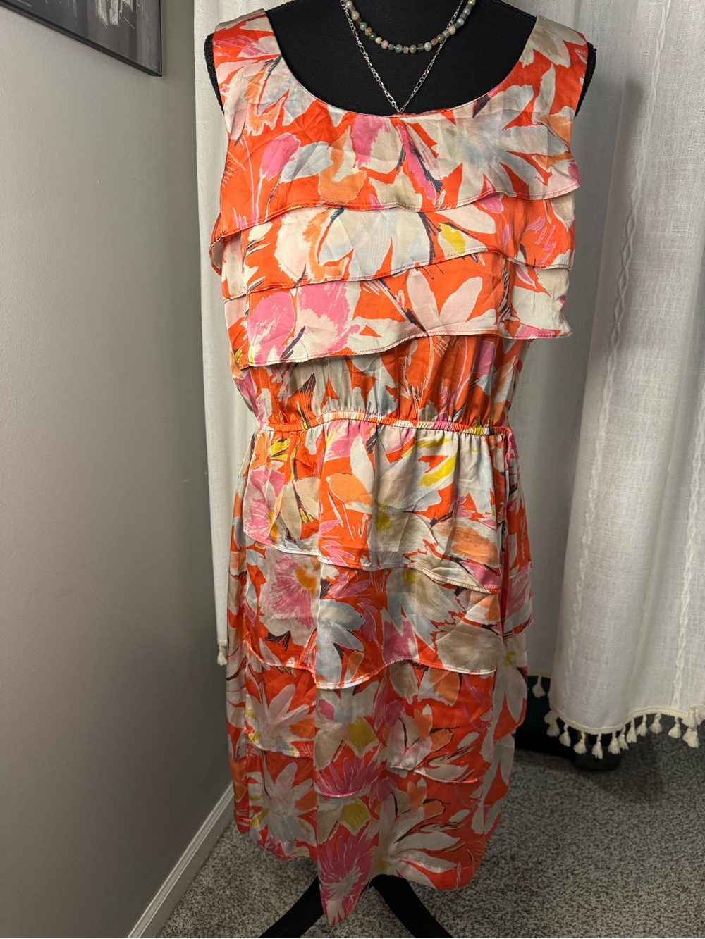 Gabby Skye Orange Pink Floral Ruffle Midi Dress